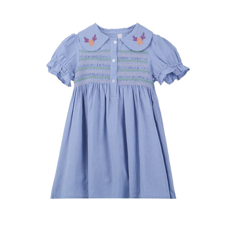 Barn smockklänningar för småbarn flicka handgjorda smockklänning spädbarn peter pan krage broderi klänning barn boutique kläder: Blå / 4t