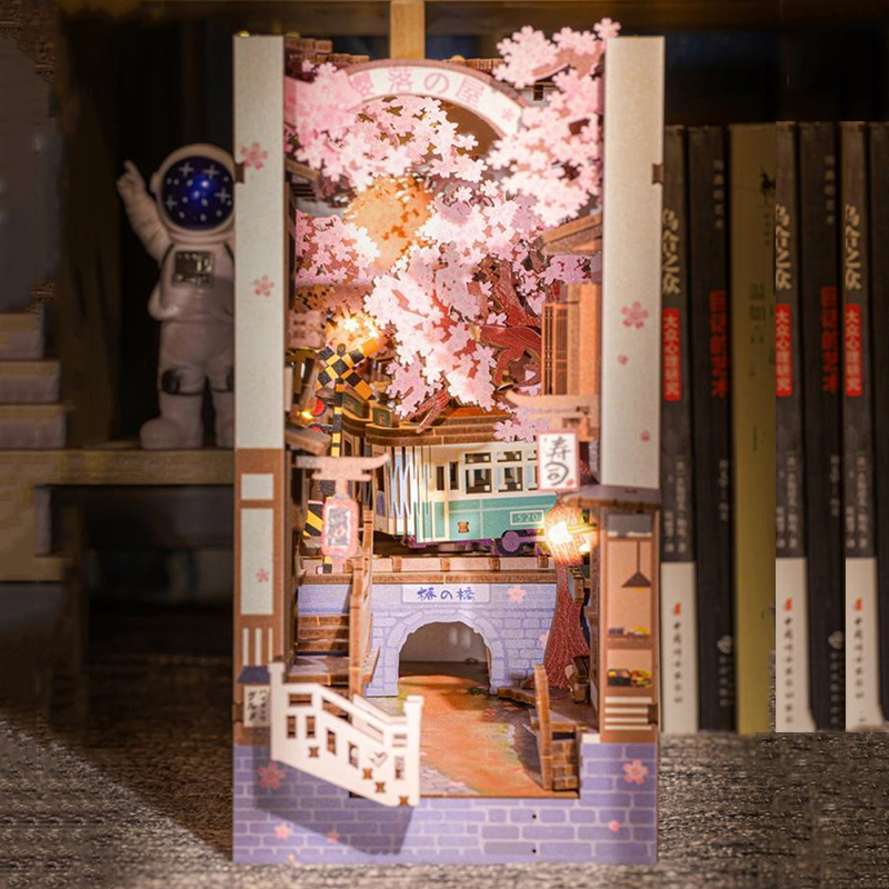 DIY Holz Buch Winkel Regal Einsatz Bausätze Miniatur Kirschblüte Buchstützen Japanische Puppe HäNutzer Spielzeug Bücherregal Wohnkultur