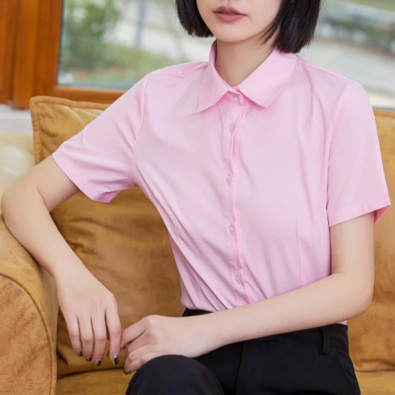 Modische Damenblusen 2024, V-Ausschnitt, kurze Ärmel, solide Arbeitshemden, Spitzen, hübsche und günstige Damenbluse, OL, elegante Damenbekleidung: XXXL / Rosa