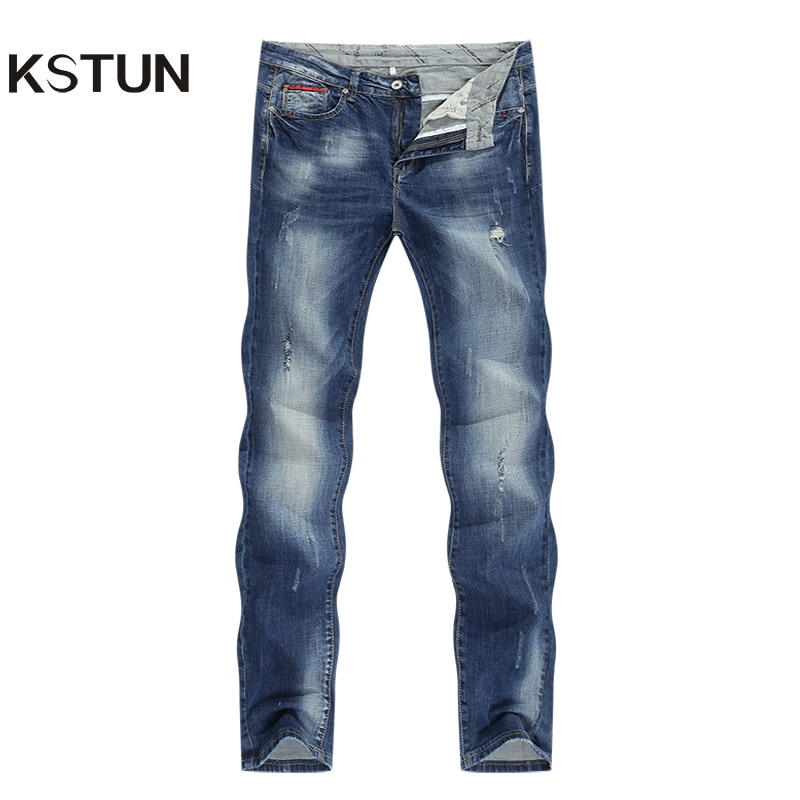 Ripped jeans til mænd stretch slim straight blue streetwear distressed hip hop herre jeans regular fit mandlige lange bukser bukser