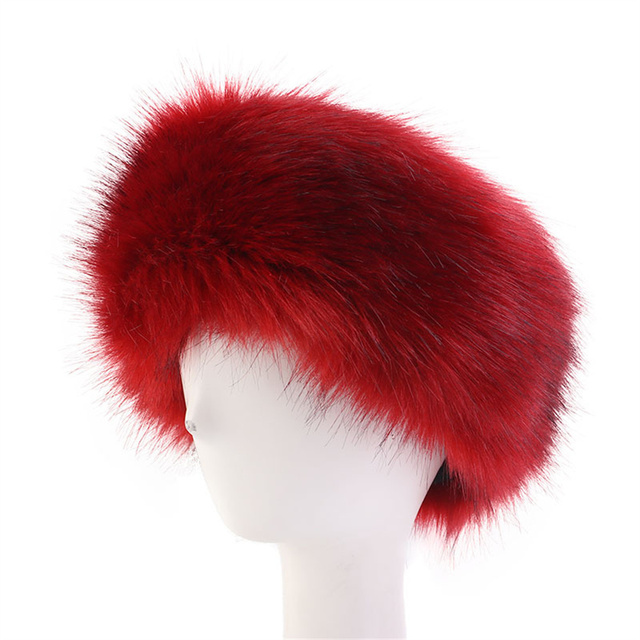 Women Ski Headband Hat Fluffy Winter Warm Ear Flap Faux Fur Cap Fluffy Warm Flap Cap Ear Headband Russian Style: Wine Red