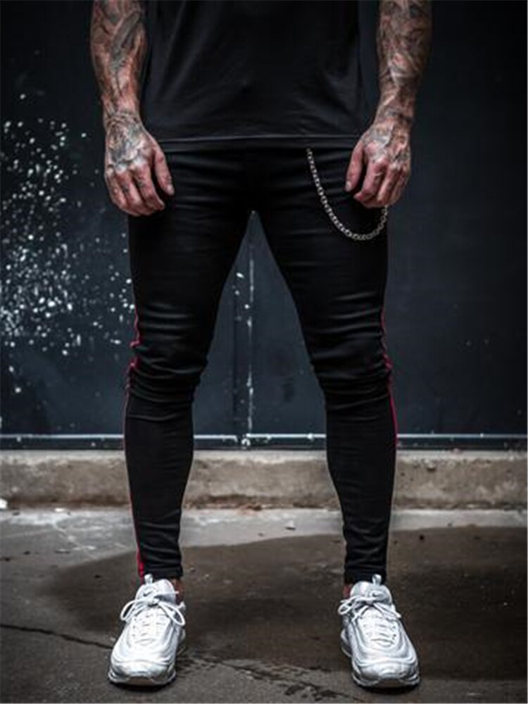 Herren Seite Streifen Dünne Fit Schwarz Denim Jeans Hip Hop Streetwear Einfarbig Plus Größe Slim Fit Leichte Baumwolle Jeans für Männer
