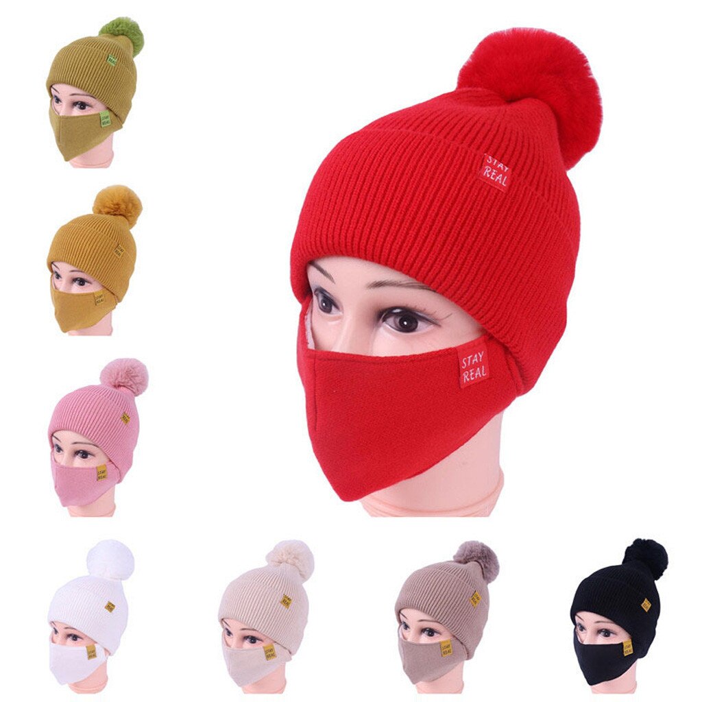 Kvinder vinter hatte med maske strikket imiteret pels beanies cap afslappede hætter til udendørs uld hemming hat med hår bold femme