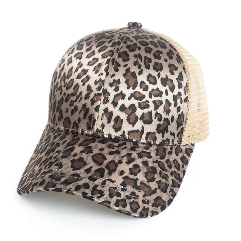 Women Ladies Summer Mesh Back Messy High Bun Ponytail Holder Cap Vintage Leopard Zebra-Stripes Adjustable Snapback Trucker Hat