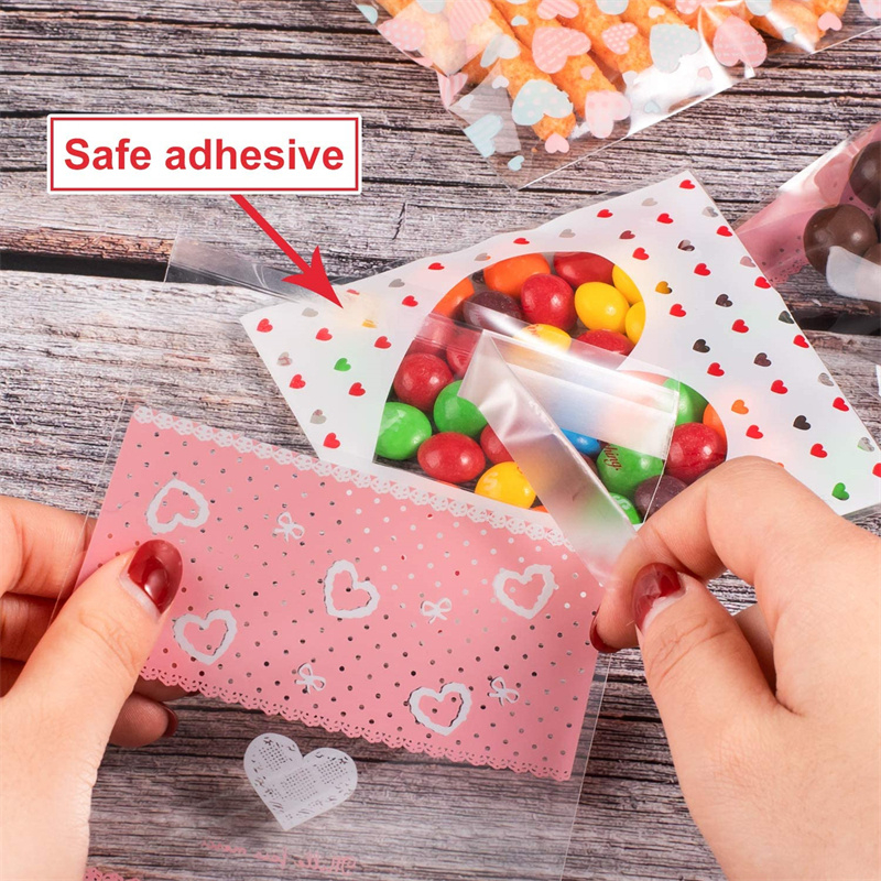 100 Uds 7x7/10x10cm bolsa de plástico para violonchelo con forma de corazón bolsa autosellante para DIY dulces galletas Snack paquete para hornear decoración pequeñas empresas