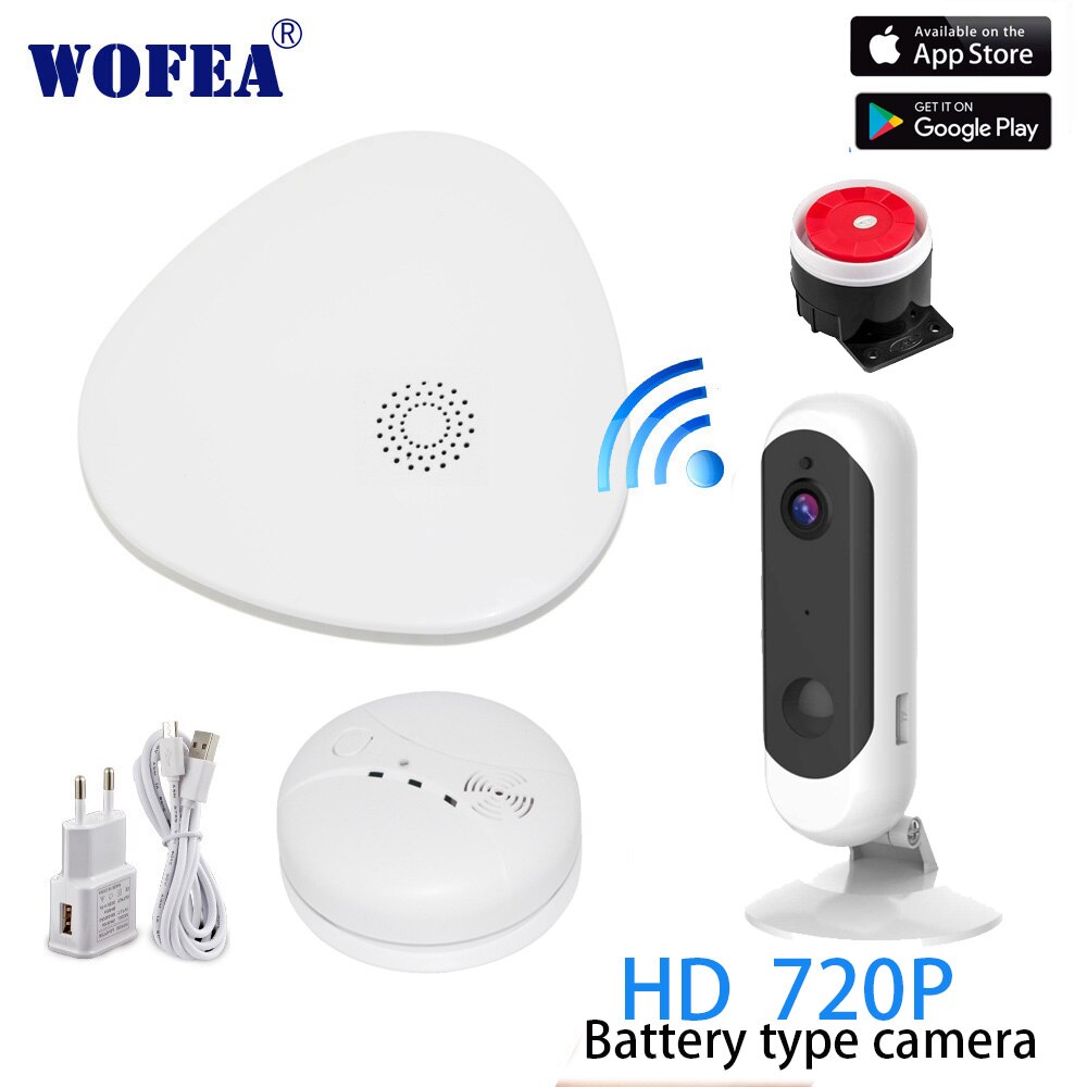 Wofea smart wifi sikkerhedsalarmsystem wifi gateway røgalarm med video kamera system app kontrol sms og telefonopkaldsmeddelelse: Sæt 5