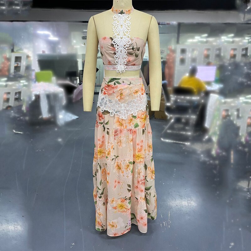 Moda feminina conjunto de duas peças vestido de festa floral laço bainha recortada topo & maxi saia conjuntos