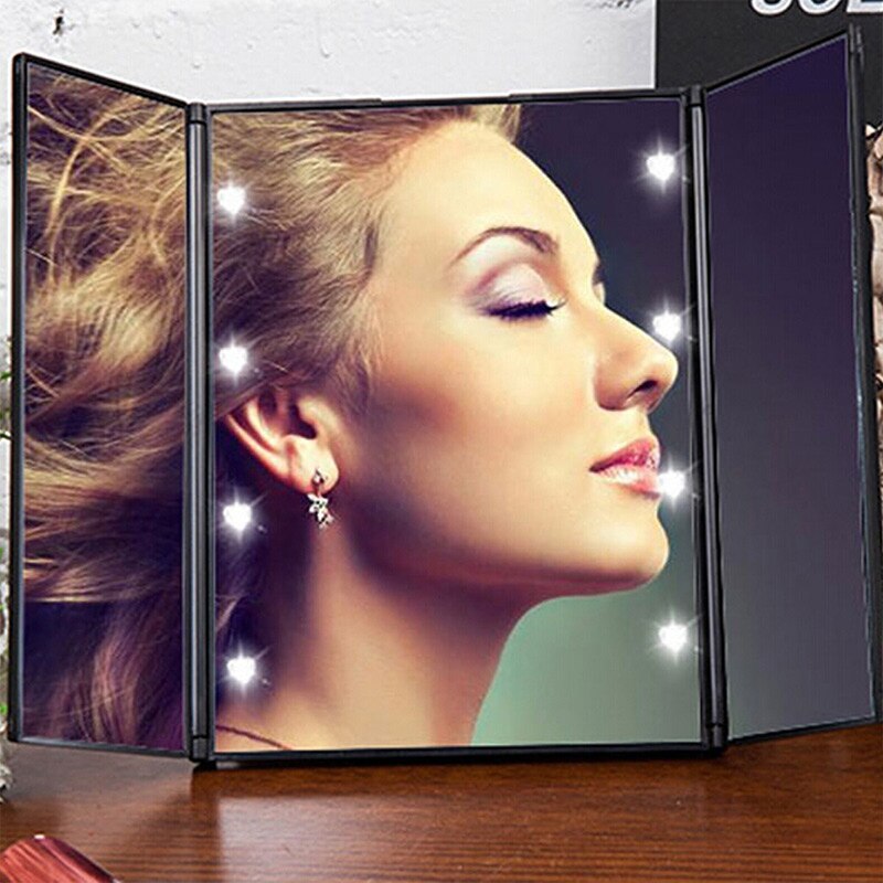 Tri-fold makeup spejl med led lys bærbar rejse kompakt lomme spejle rejse fold kosmetik spejl ek
