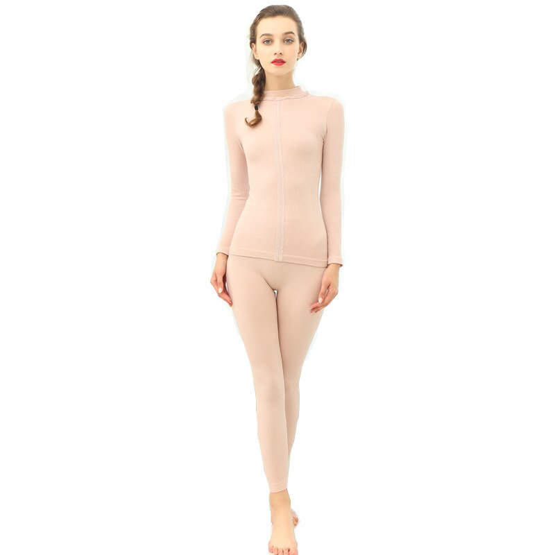 Cotton Long Jhons Women Winter Warm Underwear Thermal Clothes Lace High Neck Thermo Tops Buttoms