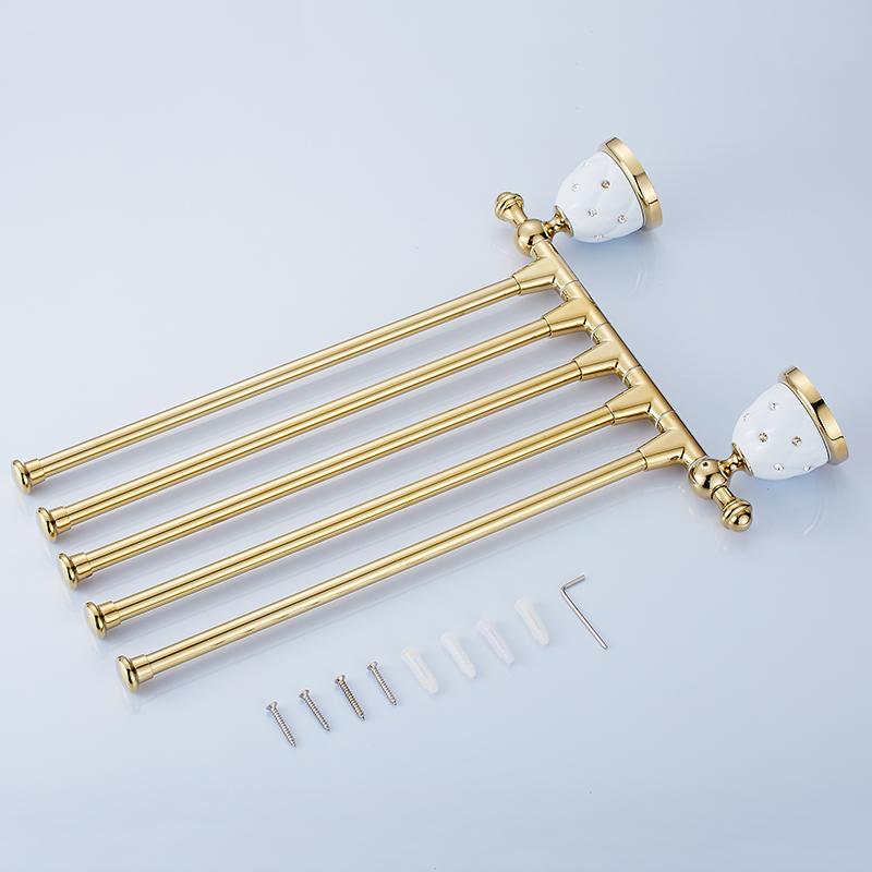 Handdoekrekken 4 verplaatsbare messing gouden roterende handdoekhouders wandmontage handdoekstang badkameraccessoires