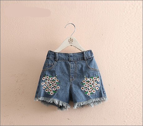 Zomer baby meisjes denim shorts koreaanse bloemen borduurwerk meisjes jeans maat 3 4 5 6 7 8 t peuter kinderen elastische taille shorts