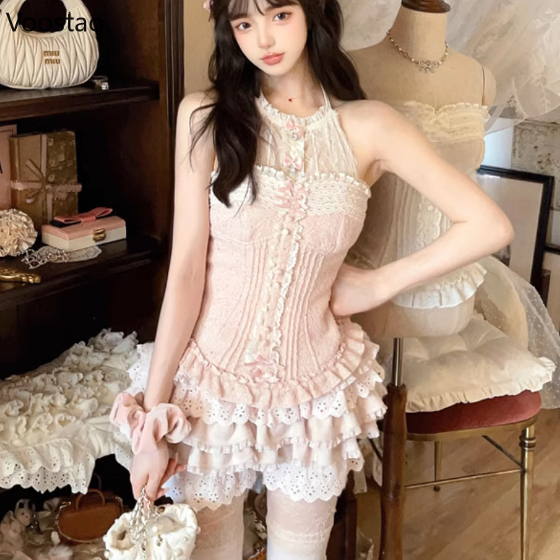 Sweet Lolita Style Princess 2 Piece Sets Women Lace Bow Sleeveless Slim Tops Mini Cake Skirt Suits Female Kawaii Outfits