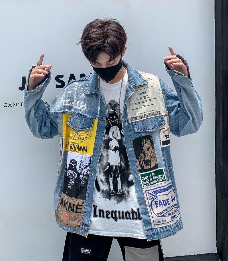 Harajuku Denim Coat Man Loose Hip Hop Single Breasted Lapel Denim Jacket Spring Autumn Couple Clothing