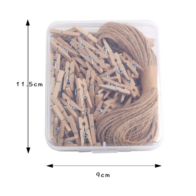 150Pcs 2.5CM Mini Natural Wooden Clothes Photo Paper Clothespin Craft Clips Portable Wood Clamp With 10Meter Jute Rope