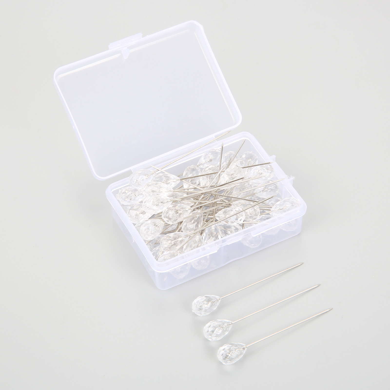 100Pcs(2 Boxes) Clear Diamond Tailor Sewing Garment Straight Pins Wedding Corsage Boutonniere Floral Bouquet Fixed Pin Thumbtack