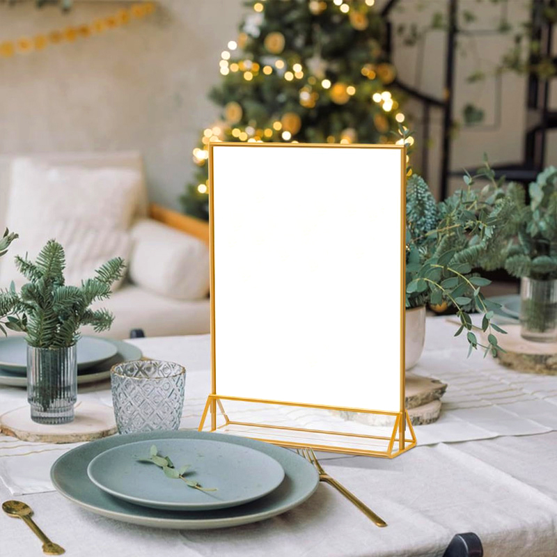 Transparenter Acryl-Beschilderungsständer, vielseitig einsetzbar, doppelseitig, goldener Rahmen, Hochzeit, Nummernschild, Tischflyer, Menü, Kartenständer