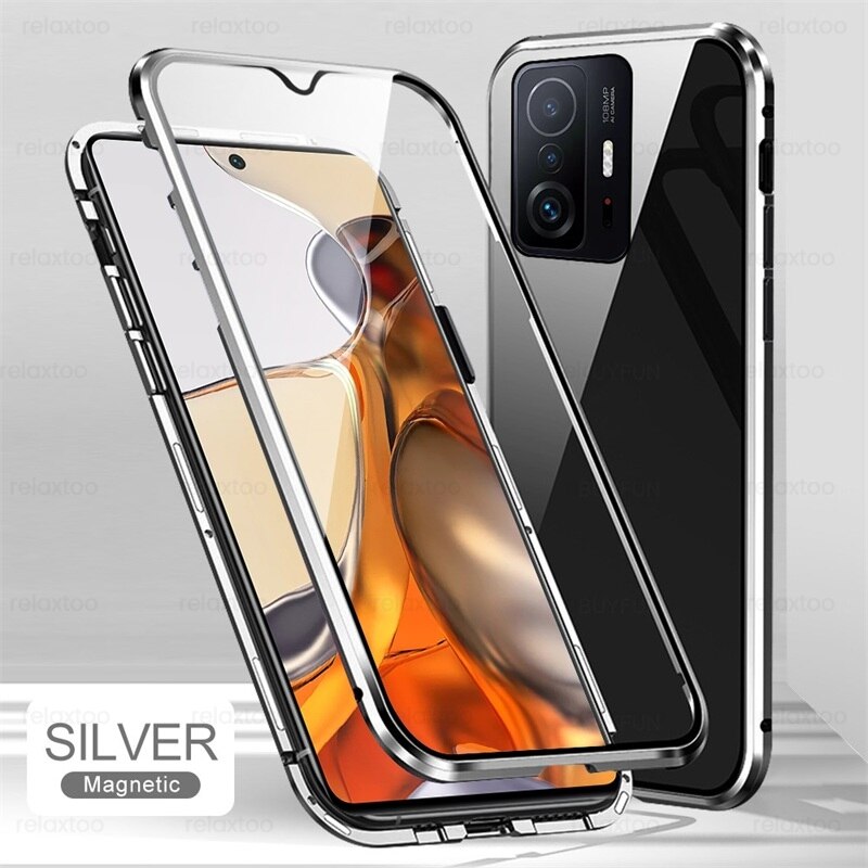 Dla xiaomi 11 t pro case 360 ° dwustronne szkło hartowane magnetyczne klapki xiaomi11t xiomi 11 t mi11t pro metalowy zderzak protect coque: for Xiaomi 11T Pro / siliver-02