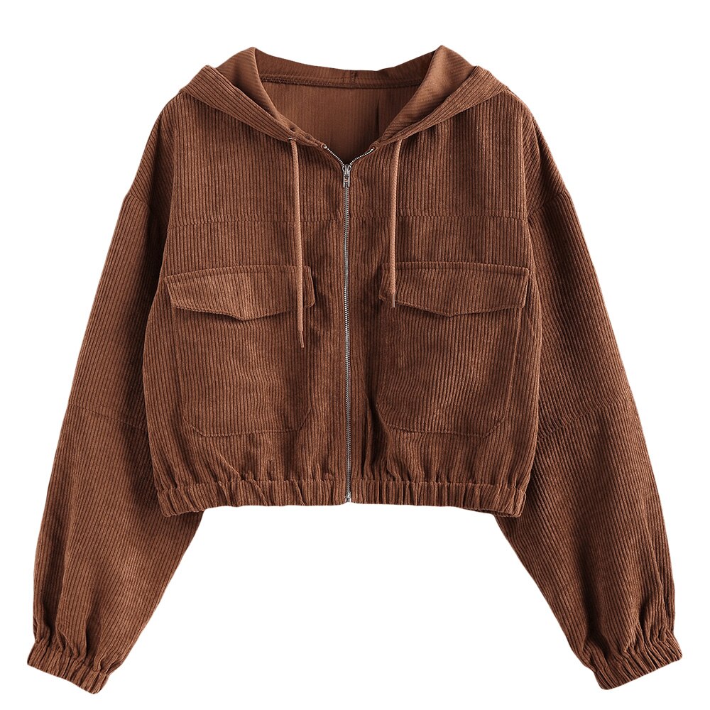 ZAFUL-abrigos cortos de pana para mujer, chaqueta con capucha de bolsillo y hombro caído, Top de manga larga sólido con cremallera, prendas de vestir para Otoño e Invierno