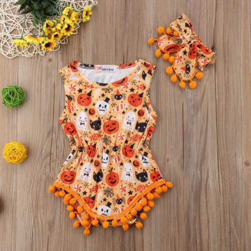 Cute Newborn Baby Boys Girls Sleeveless Tassels Halloween Bodysuit Jumpsuit Outfits 2pcs Set