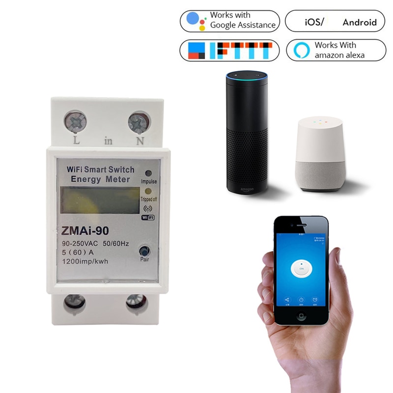 Wifi smart strømmålerbryter strømforbruk energiovervåking meter 110v 220v din skinn smart life / tuya app fjernkontroll