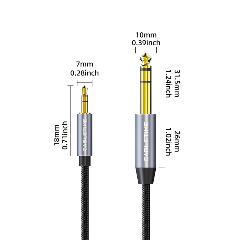 Cabletime 3.5mm a 6.35mm adaptador jack cabo aux para alto-falante amplificador de guitarra trs cabo de áudio jack 6.5mm a 3.5mm cabo de áudio
