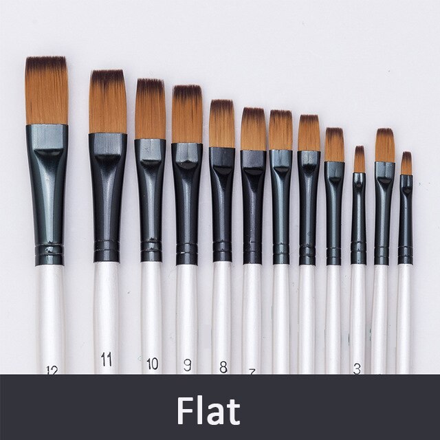 12Pcs Paint Brush Set Filbert Golden Nylon Bristle Brush for Watercolor Acrylic, Gouache, Oil and Facepaint: Flat