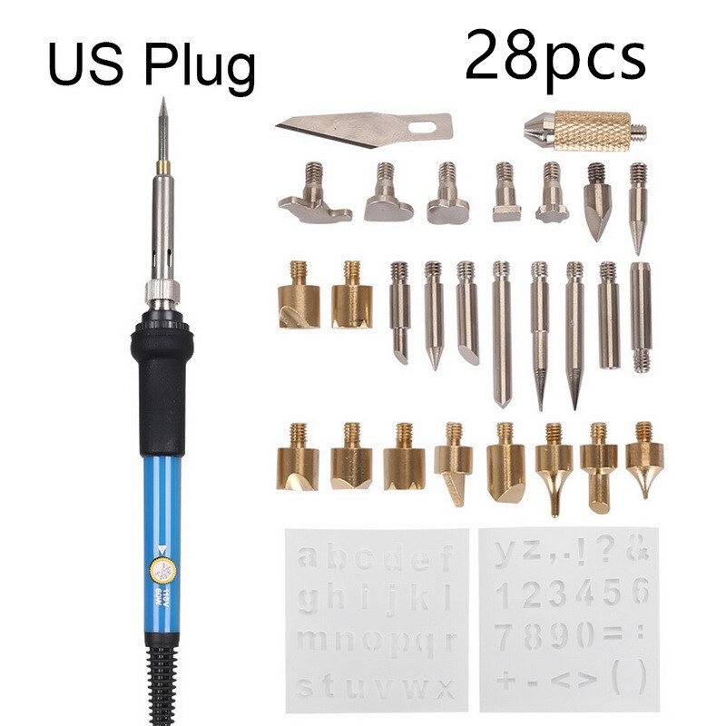 28 Uds. Herramienta de grabado de pirograbado de hierro de soldadura ajustable, pluma de grabado en relieve de madera, conjunto de puntas de soldadura, Kit de puntas de soldadura, enchufe EU/US/UK: US Plug 28pcs