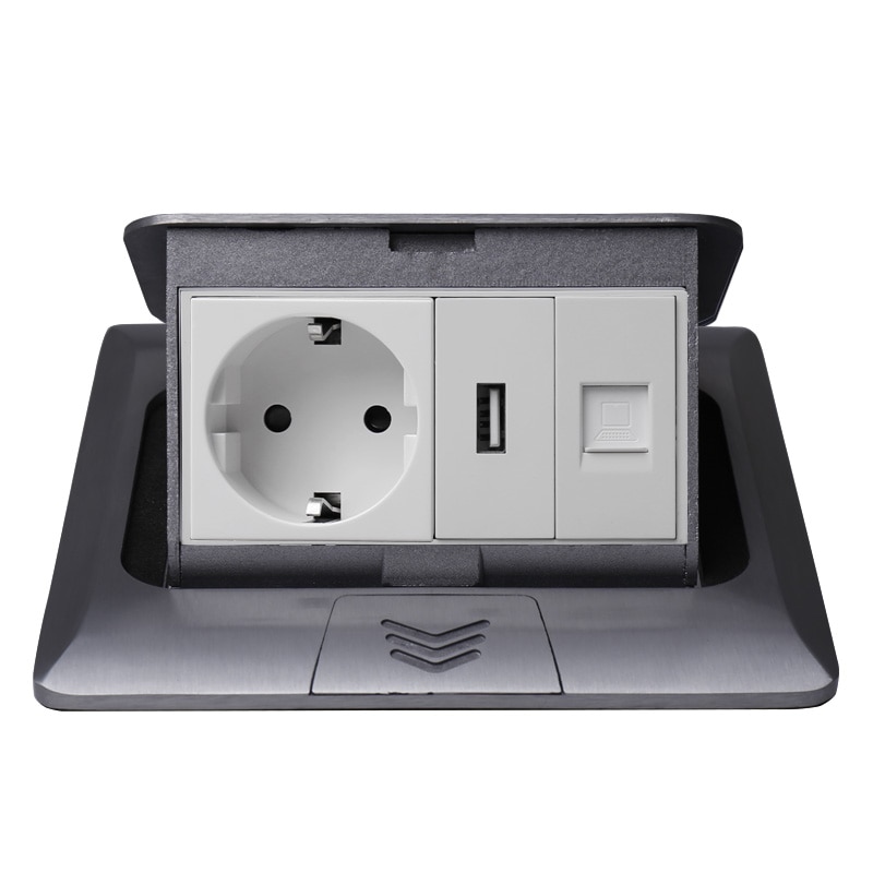 Keka kaikki alumiini hopea paneeli pop up pöytälattia pistorasia 16a eu standardi pistorasia + verkko + usb latausportti 5v 1a