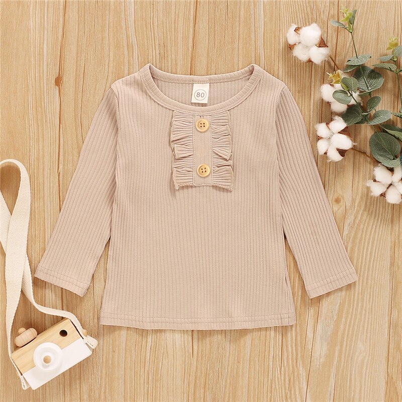 Meisjes t-shirt herfst winter kinderen meisjes baby basic tee tops lange mouw ruches knoop ronde hals t-shirts kleding 2-6 jaar