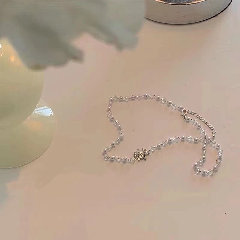 Antieke Parel Ketting Met Vlinder Hanger Charms Zilveren Hals Sieraden Voor Vrouwen Party Accessoires Sieraden
