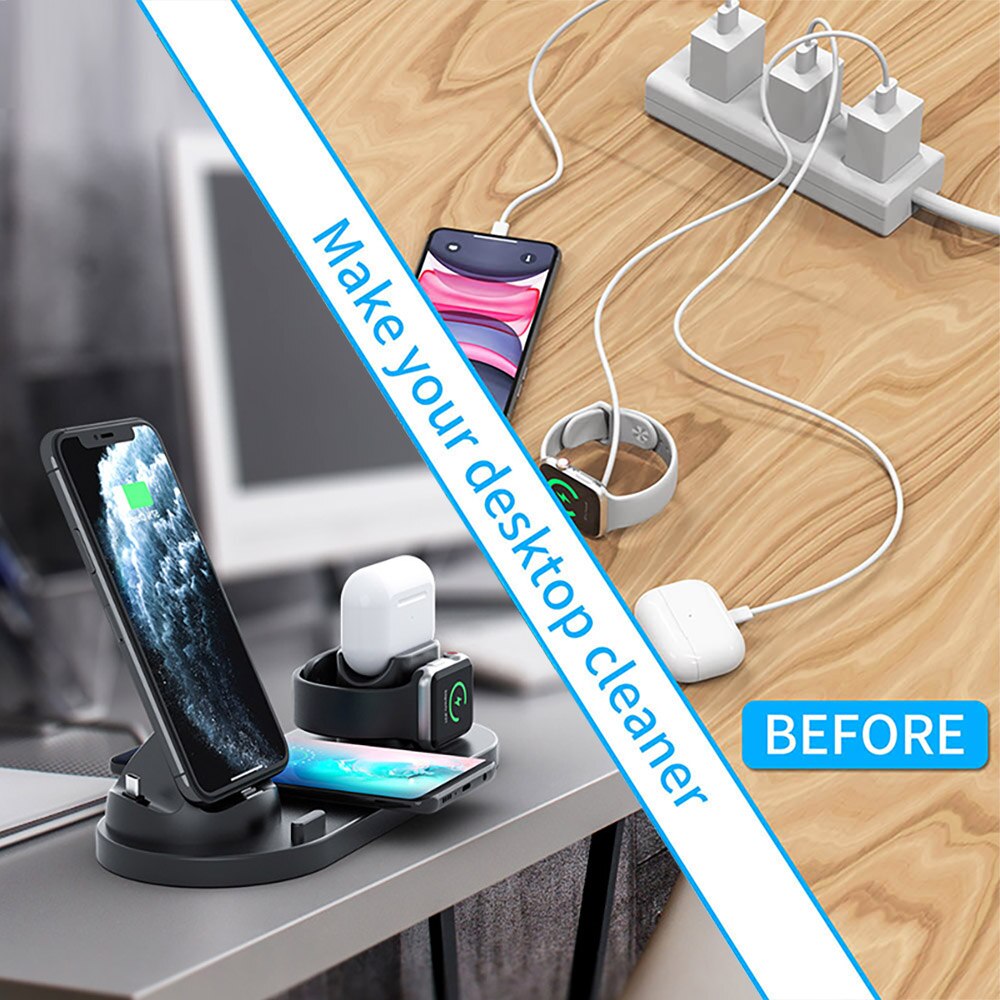 Fdgao estação carregadora sem fio 6 em 1, suporte doca de carregamento rápido qi 10w para apple watch/airpods pro/iphone/samsung/huawei/xiaomi