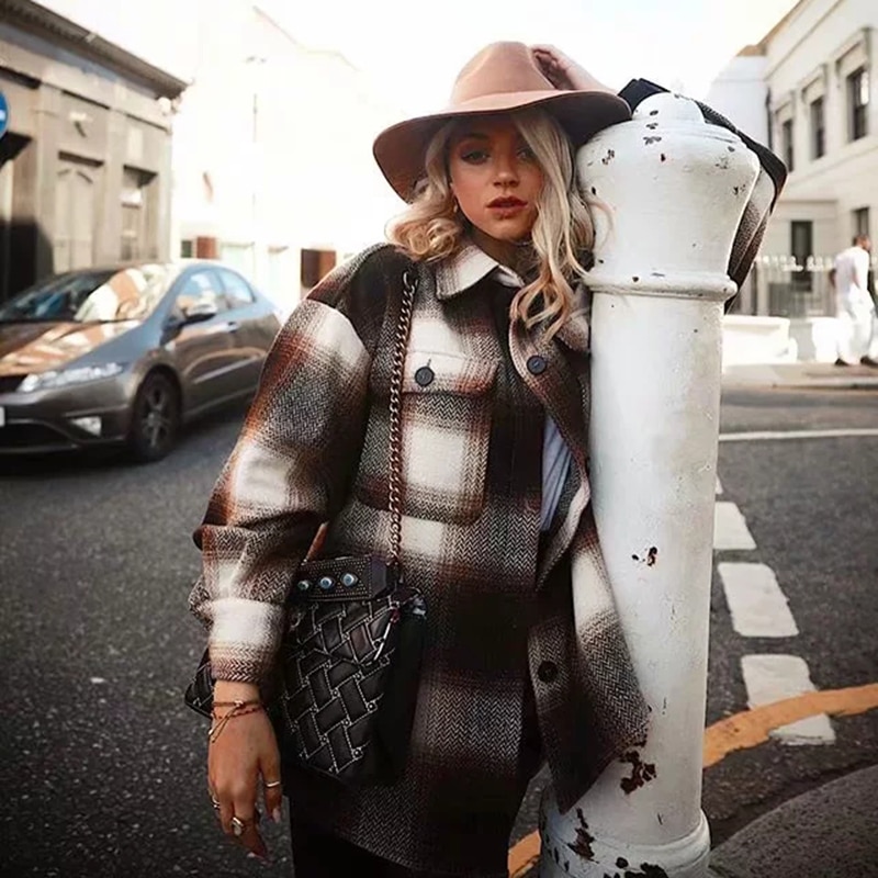 Vintage women long sleeve woolen coats ladies thick plaid coat female streetwear girls oversize jacket chic