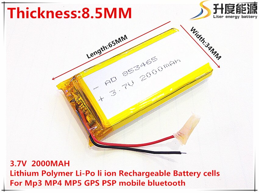 li-po 3.7V 2000mAh 853465 Lithium Polymer Li-Po li ion Rechargeable Battery cells For Mp3 MP4 MP5 GPS mobile