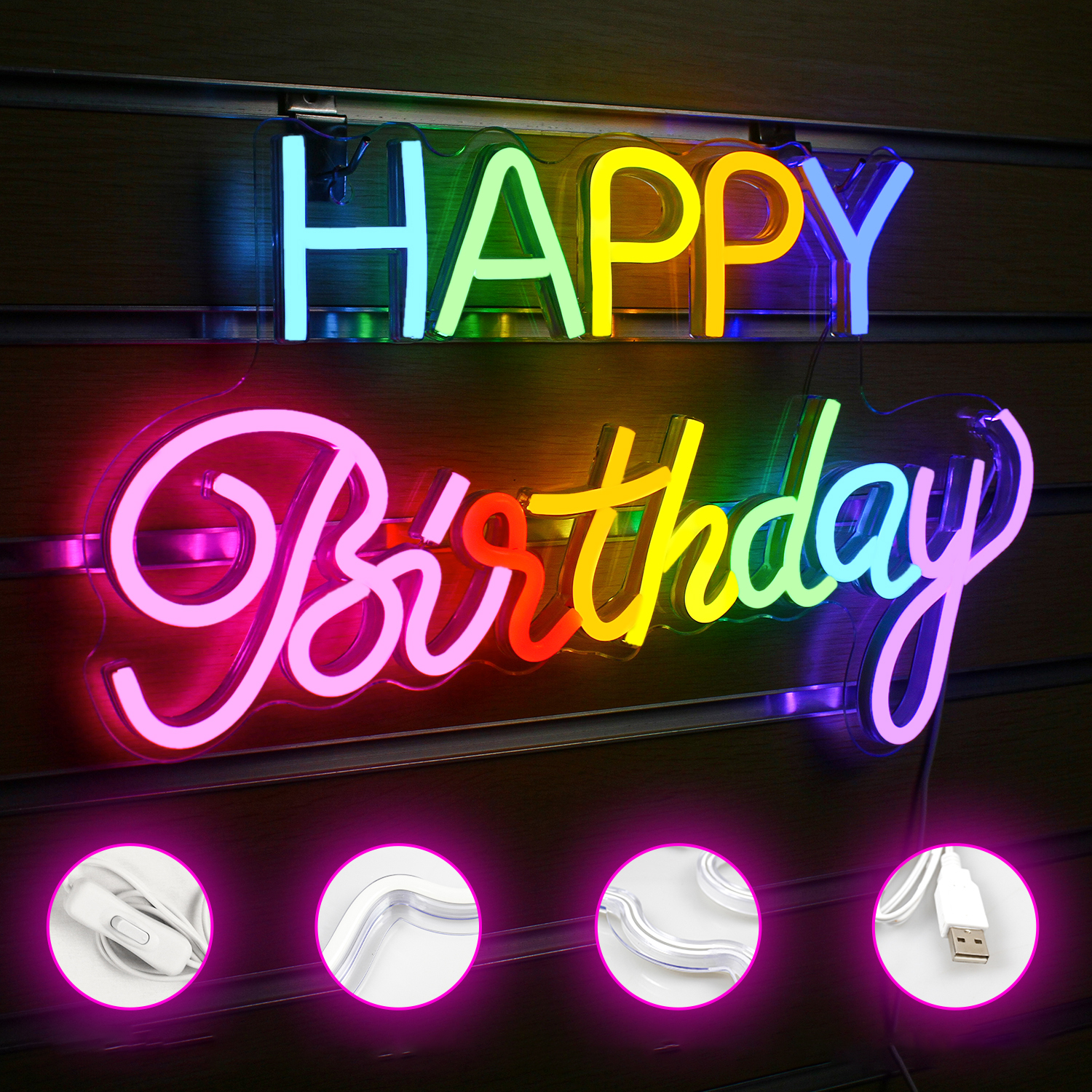 Letrero de neón de feliz cumpleaños, decoración de pared para de cumpleaños, decoración de habitación regulable, lámpara Led acrílica para el hogar, habitación, Bar, de cumpleaños