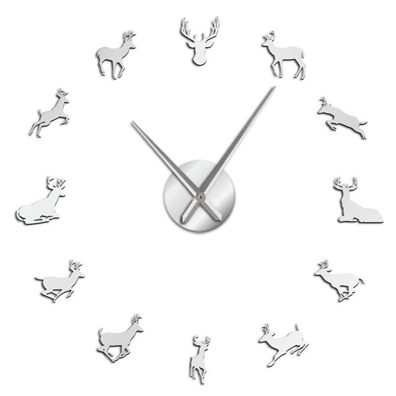 Tête de cerf bricolage horloge murale géante bois cerf chasseur moderne cerf bois horloge murale acrylique effet miroir animaux décorations pour la maison: Silver