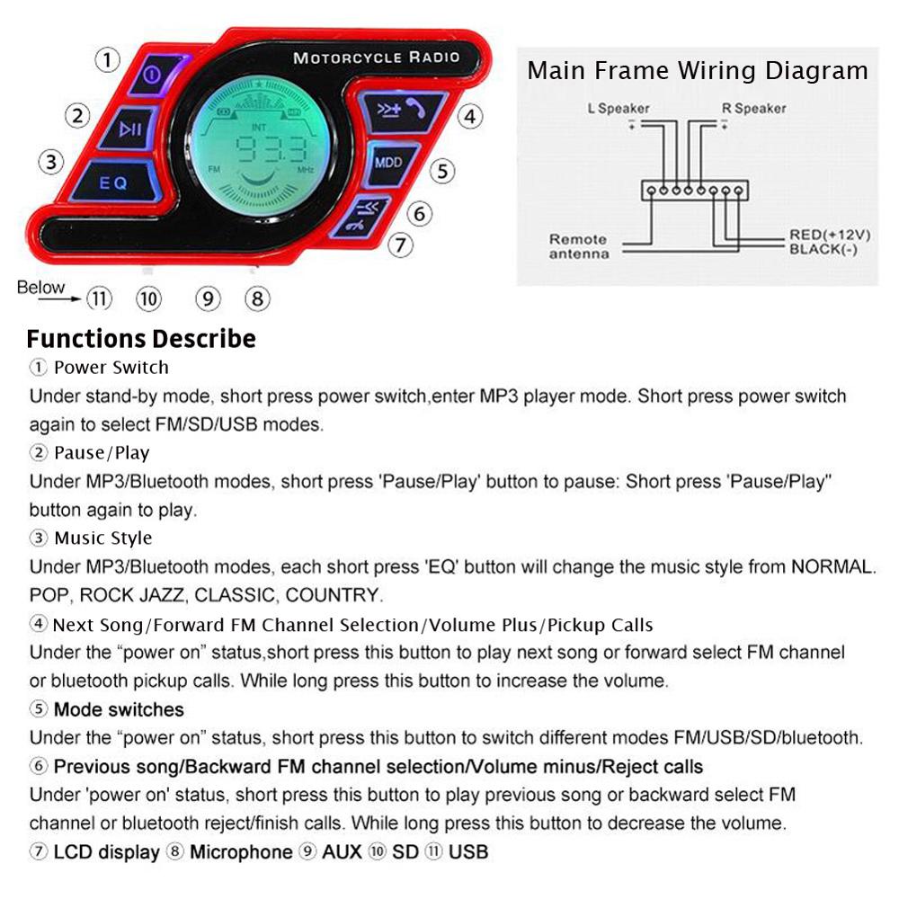 2Pcs Motorcycle Bluetooth Speaker Stuur Usb Fm MP3 Afstandsbediening Microfoon Versterker Motorfiets Radio