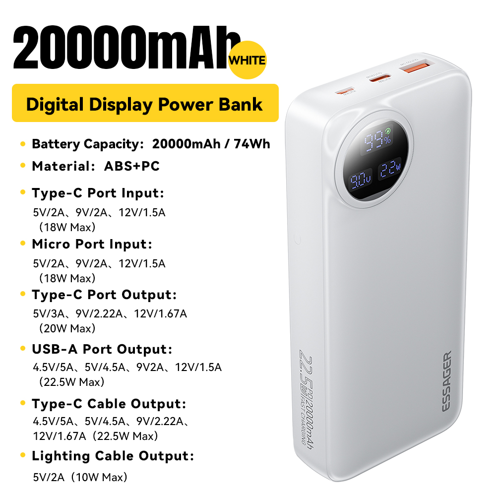 Batterie Externe 20000mAh Charge Rapide 22.5W - Power Bank USB Avec Lampe Torche - Noir