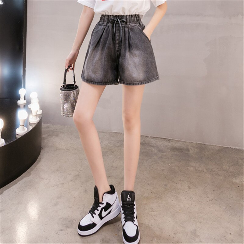 POUNGDUDU Summer Women's Denim Shorts For Girl Plus Size Shorts Jean Female 100KG Wearable Gray High-Waist Elastic Loose