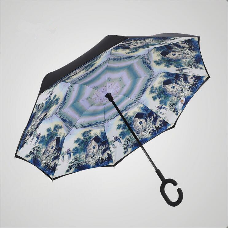 Double couche inversé parapluie voitures réversible parapluie c-crochet imperméable inversé pliant inversé Chuva parapluie: 5