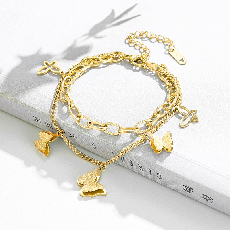 Meyrroyu Rvs 3 Kleuren Dubbele Laag Vlinder Armbanden Trendy Dikke Ketting Voor Vrouwen Party Sieraden: B416