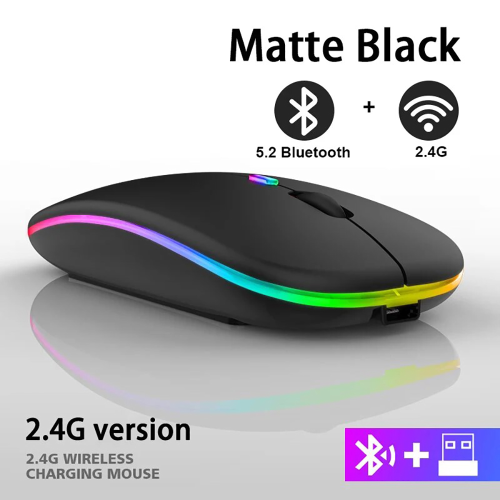 Ratón inalámbrico Bluetooth, recargable por USB, luz LED retroiluminada, 2,4G, modo Dual, ratón silencioso para ordenador portátil, ratón para juegos de PC: Negro