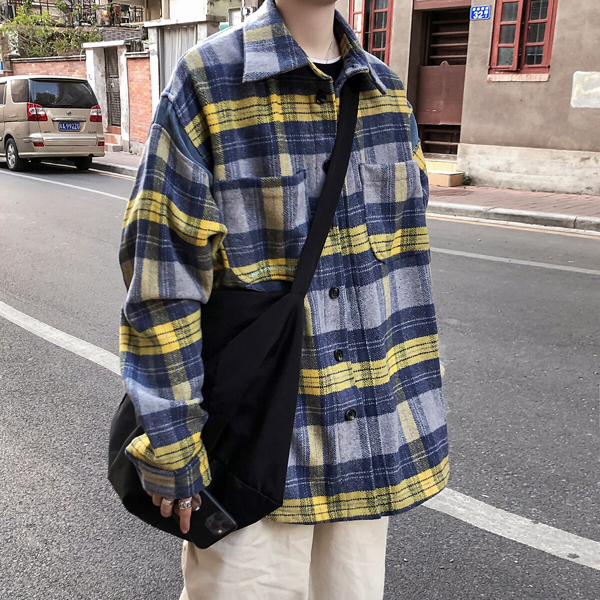 LAPPSTER, camisa a cuadros de color Vintage para hombre, , ropa de calle para hombre, camisas Harajuku gruesas de manga larga, camisa de coreana para pareja: Yellow / XL