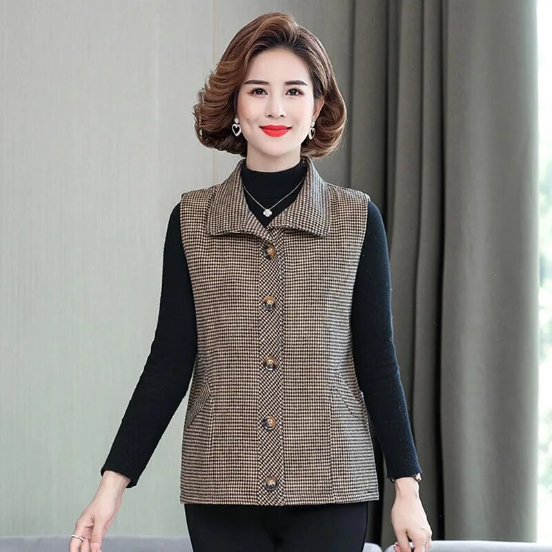 Gilet sans manches à carreaux pour femmes, veste courte, à la , pour mère d&#39;âge moyen et âgée, 5XL, printemps automne 2022: khaki / 5XL