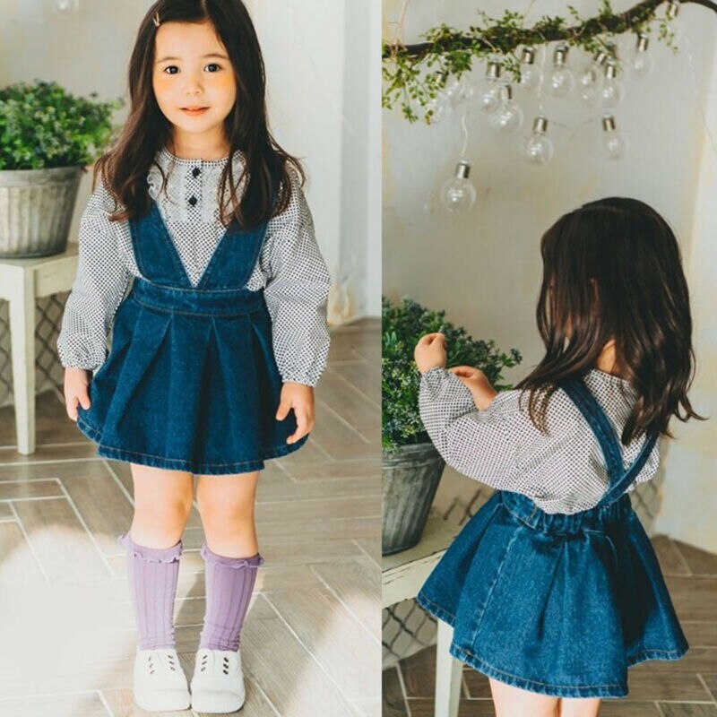 Toddler Kids Baby Girls Lovely Dress Overalls Dress Blue Solid Elastic Waist Knee-Length Dress Outfit 6M-5Y