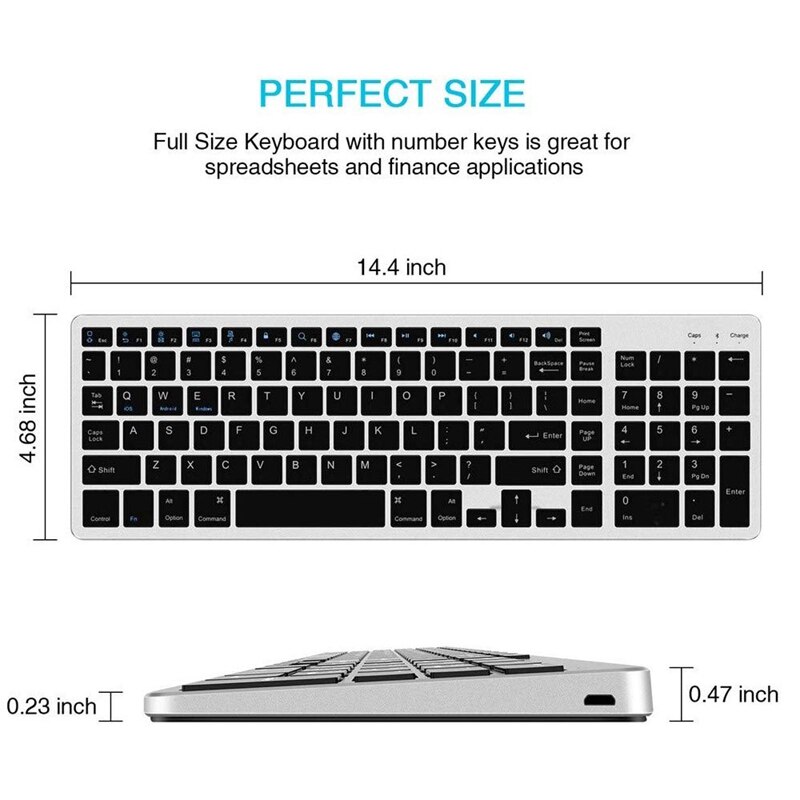Wiederaufladbare, tragbare bluetooth-tastatur mit nummernblock für laptop, pc, tablet, windows, ios und android