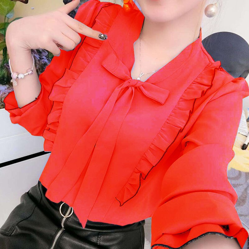 Dames lente zomer stijl chiffon blouses shirts dames casual lange mouwen ruches decor strik kraag blusas tops  dd8828