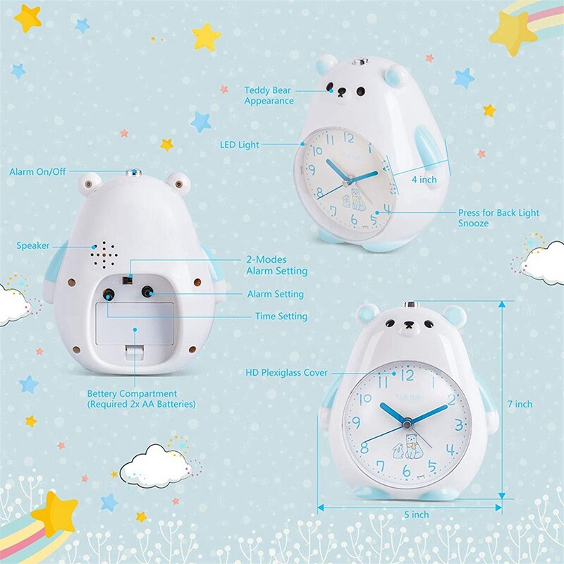 Alarm Clock for Kids, Music Ringtones Snooze Alarm Clock with Night Light, Silent Battery Operated Wake Up Alarm Clocks