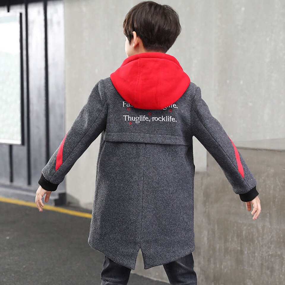 Winterjassen jongens effen wollen enkelrijs babyjongens trenchcoat hoodie 5-14 y kinderkleding jassen voor jongens windjack