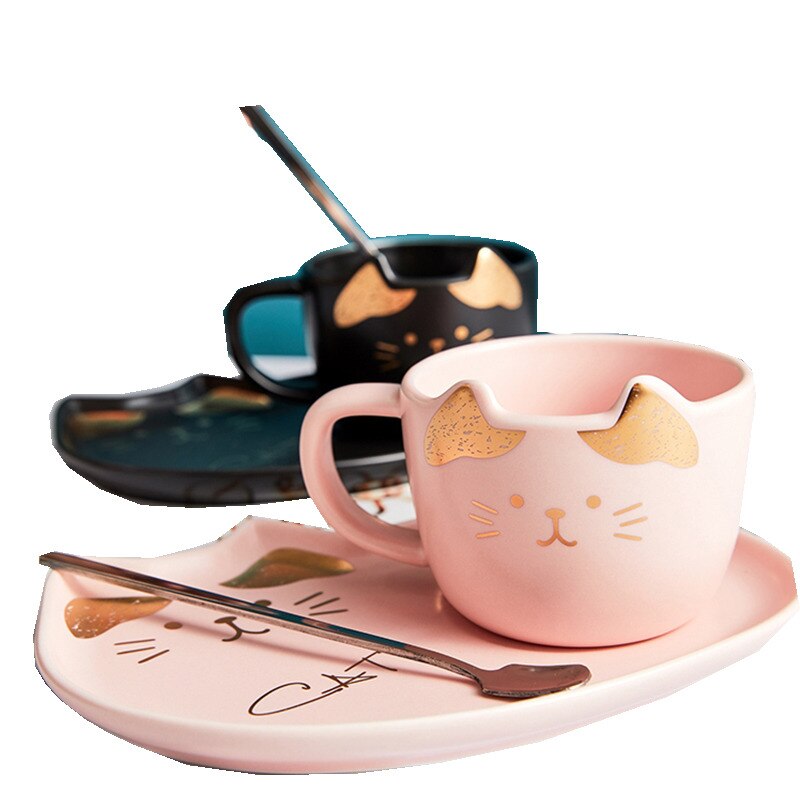 Cartoon Ceramics Cat Mug Set with Saucers Spoon 200Ml Coffee Milk Mugs Cute Breakfast Drinkware Birthday Porcelain
