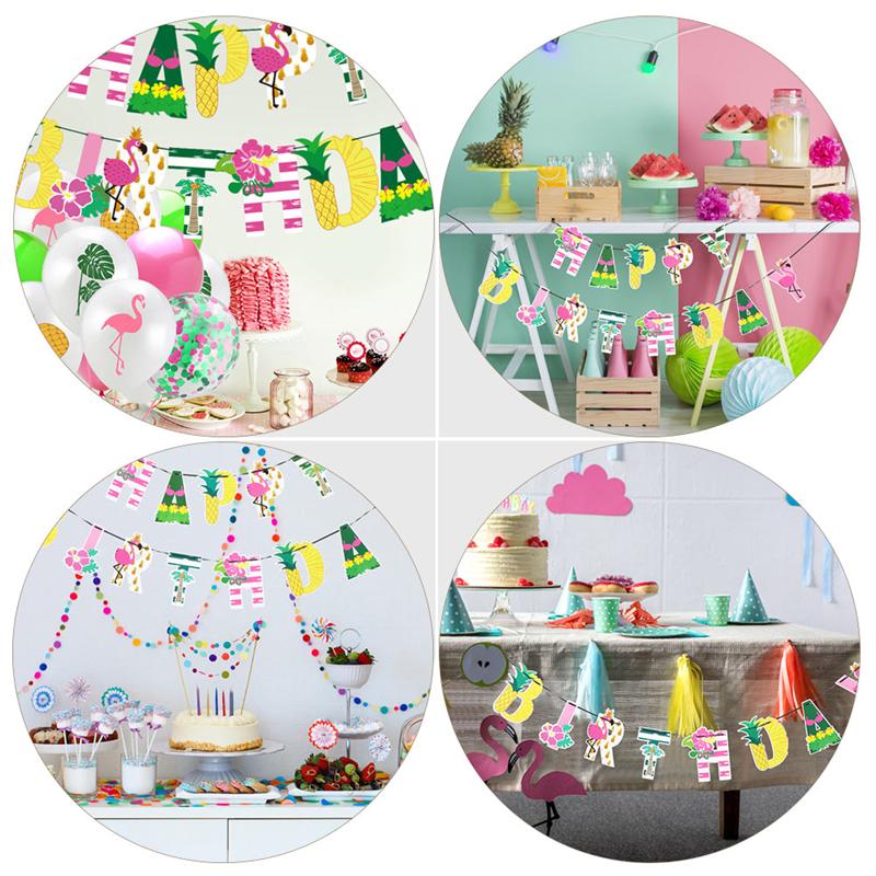 1 Set of Hawaii Aloha Happy Birthday Banner Flamingo Birthday Banner Cake Toppers Card Hawaiian Themed Party Decorated